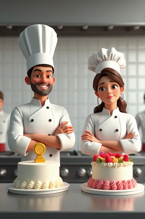 Kitchen background, a happy male chef, a sad female chef, a white cake in front of the man with a prize on top, a decorated cake in front of the woman 