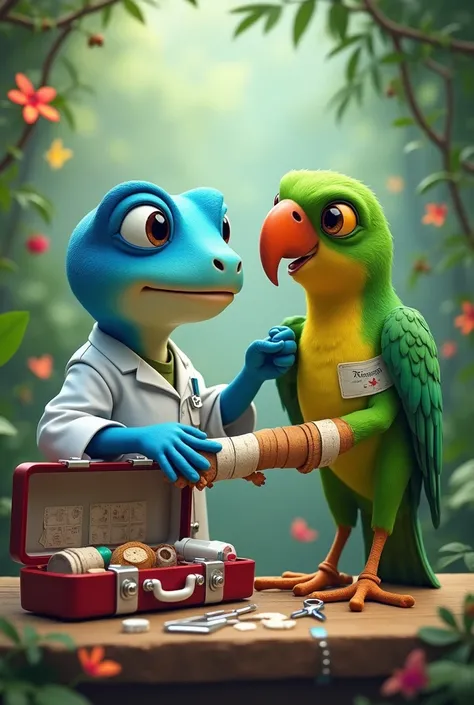 Blue medical frog with number 45 highlighted, caring for the wounds of a green parrot with a broken leg