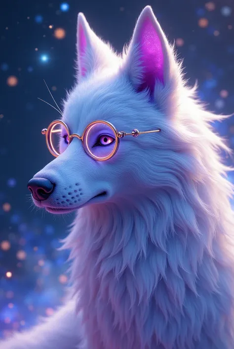 A space wolf with a cosmic fringe of white fur, <xml><input>de oculos</input></xml>, with purple ears, and anthropomorphic