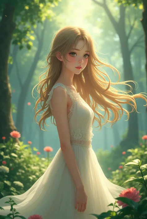 very very beautiful anime girl in sunny forest aesthetics 


