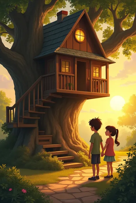 After finding the enchanted crystal and saving the forest, Leo and Lily are transported back to the treehouse. The room is now calm and filled with soft golden light, as the magic settles down. The siblings look at each other, smiling, knowing they’ve just...