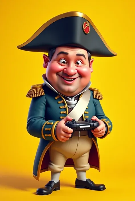 Create me a caricature of Napoleon Bonaparte, wearing his signature hat and using a video game controller, yellow background and no facial hair, a little chubby character 