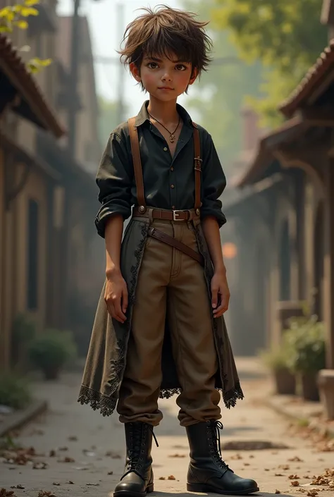 Make a teenage boy, brown skinned, messy brown hair, with brown eyes and a Victorian-style dress, with a black shirt, brown pants and black boots.