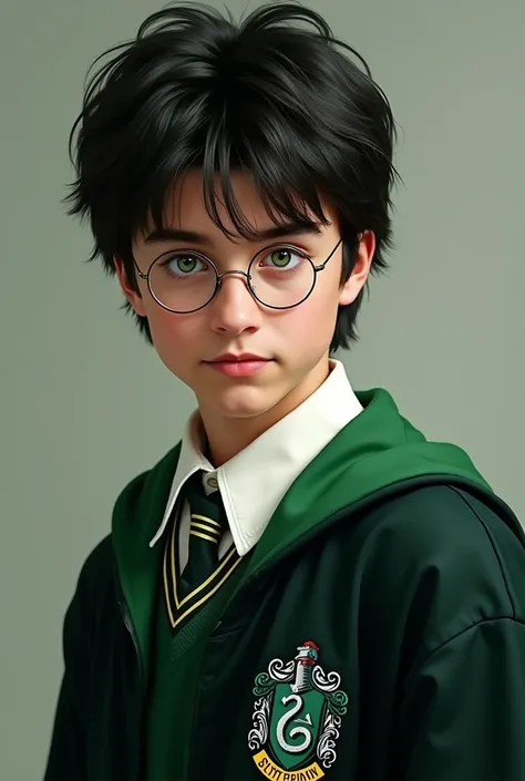 Create an image that reflects Harry Potter in Slytherin House with the house uniform(search hogwarts uniform) bright green eyes, similar to the actor, Early adolescence 
