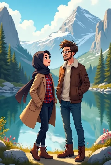 Anime girl and boy in their early 20s are having a moment, laughing and enjoying among the mountains, the scenery should be beautiful and full of wild nature, pine trees, lake, tall mountains. The girl is wearing a check shirt and black jeans with boots an...