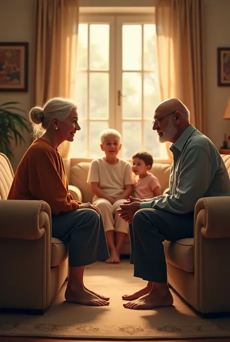 In a living room a family gathering one family sitting opposite to each other in sofas. One family has an elderly fair woman with chignon hair about 63 with barefoot and the other a brown bald old guy also in barefoot staring at the woman about to marry hi...