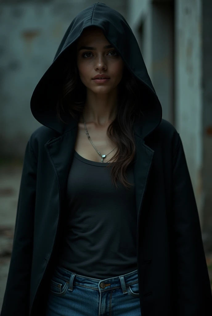 Super resolution cinematic shot of Very beautiful 18 year Indian young vampire girl, head and body  covered with black vampire coat, full t shirt with jean slightly extended teeth, head to legs   full body shot