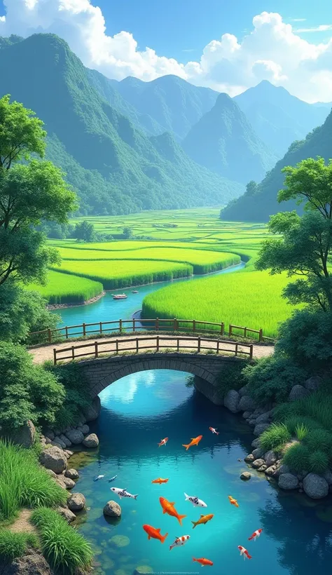 A view of green rice fields, in the foreground is an old bridge. Mountain background. There is a river with clear water flowing near the rice fields, colorful fish are seen swimming in the river.