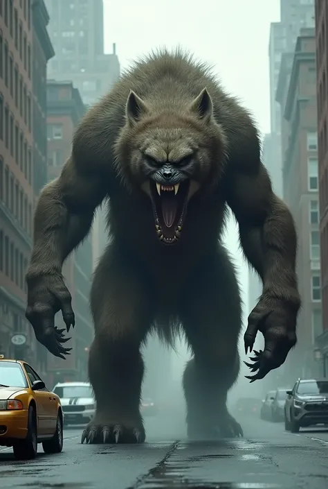 There is a hairy animal of considerable size, hybrid between bear and wolf, more wolf than bear, morbius screenshot (2022), hyperrealistic fantasy monster, still from a live action movie, Roaring mutant monster, special effects, towering over New York, A d...