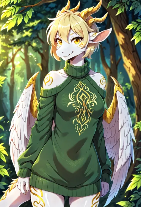 Solo, female anthro dragoness, white feathered body, standing, blond hair, wings, gold markings, short hair, by sollyz, druid, smiling, yellow eyes, green clothes, sweater, snout, 