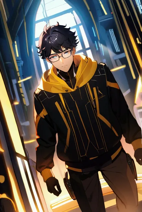 1boy With curly black hair wearing glasses black and gold hoodie black pants futuristic jorge 