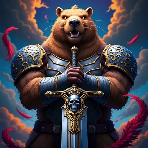 “A highly detailed anime-style scene featuring a towering, humanoid capybara warrior standing proudly with arms crossed, exuding an aura of strength and dominance. The capybara’s thick fur contrasts with its rugged armor, adorned with intricate golden desi...