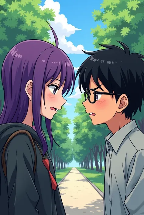 style mangas In a park, the  Mohamed with short black hair and glasses unexpectedly encounters the  with vibrant purple hair. As they come face to face, the girl’s eyes widen with a mix of surprise and irritation. Her frustration quickly turns into anger a...