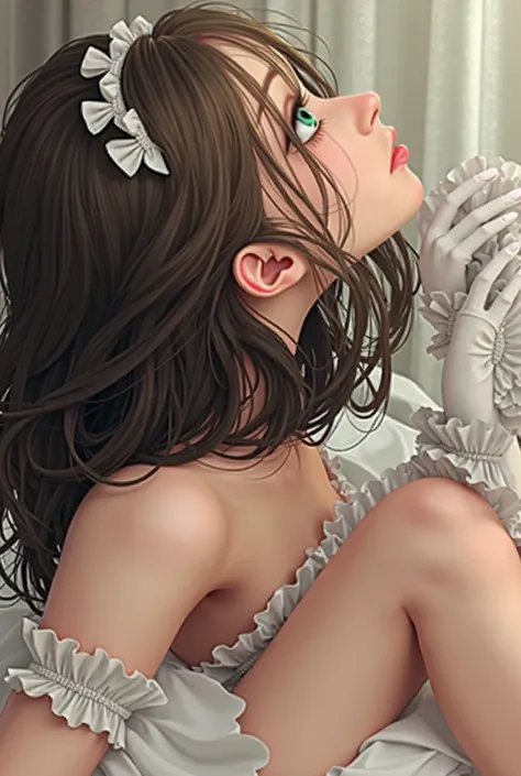  (indirect linear lighting), (Extremely detailed 8k CG unit wallpaper), (1 girl) naked, long brown hair with cute ruffled tiara, using kid gloves, White skin, green blue eyes, 