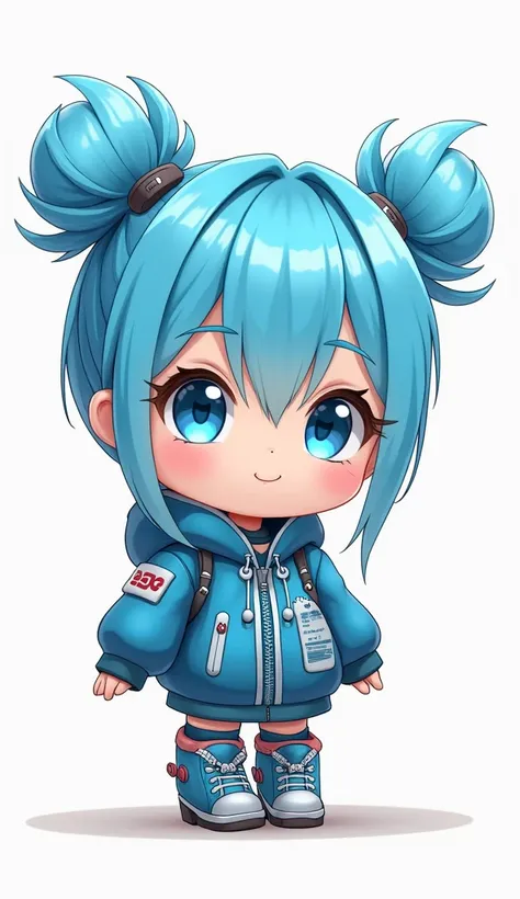 Chibi Character　Two Block　ponytail　Bun Hair　Blue Hair　Blue Eyes　EMS jacket　