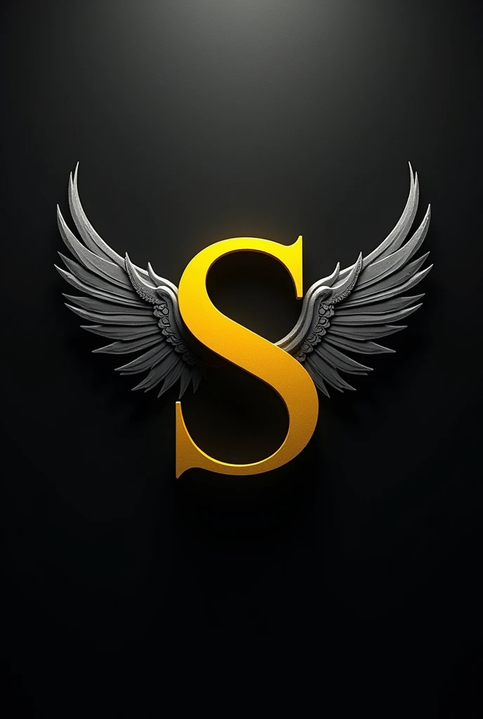 Write "S" in capital leter on a black wall with yellow color, and make it some stylish, and make wings with gray gradient color behind the name, 