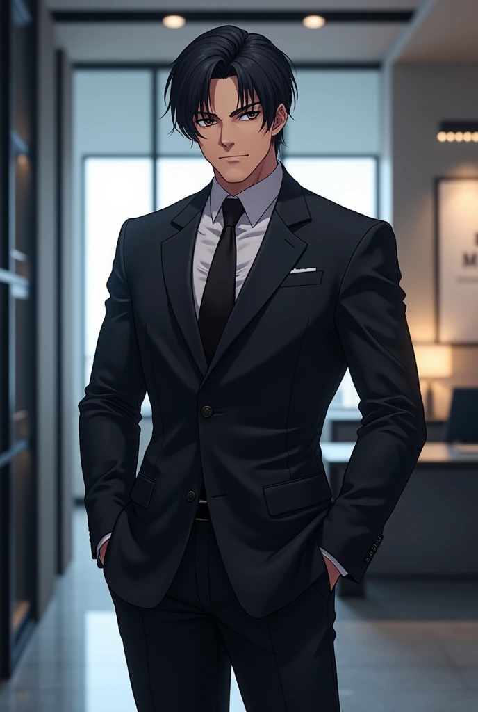 Manly, wearing a black suit in the office, medium hair, perfect jaw, handsome, great body, dark eyes, anime
