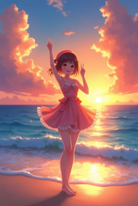 Anime girl standing on a beach during a summer sunset, wearing a cute sundress and posing with a peace sign, surrounded by gentle ocean waves and a colorful sky 