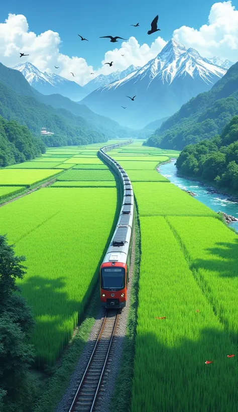 A view of green rice fields. In the middle of the rice fields there are train tracks, and when the train passes, birds fly. Mountain background. There is a river with clear water flowing near the rice fields. Colorful fish are visible in the river.