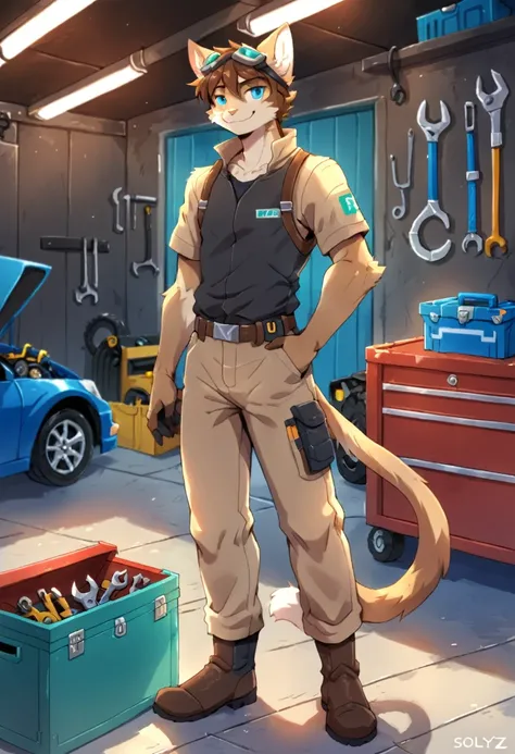 Solo, male anthro cat, brown fur, beige fur, standing, brown hair, mechanic, short hair, by sollyz, smiling, modern fantasy, goggles, turquoise eyes, garage, toolbox, 