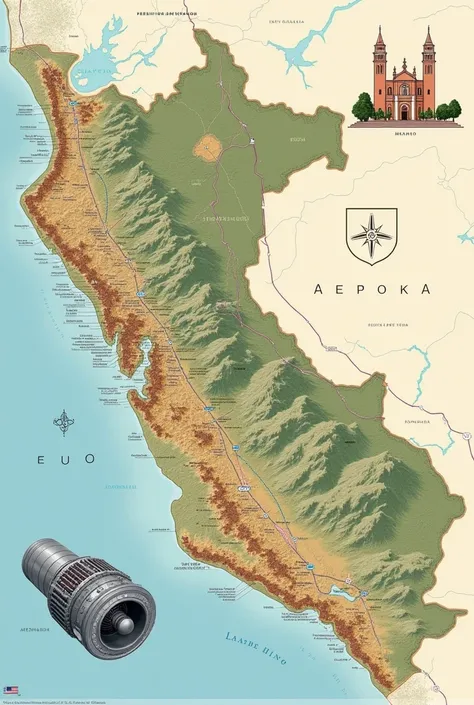 Map of Peru showing Arequipa, with images of the University of San Marcos and a drawing of its jet engine. 
