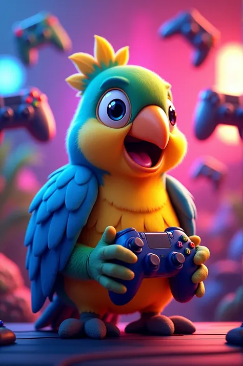 The banner design features the same parrot mascot from the logo, holding a controller and joyfully gaming. The background is a vibrant and colorful gradient, with gaming elements such as controllers and game characters placed around the