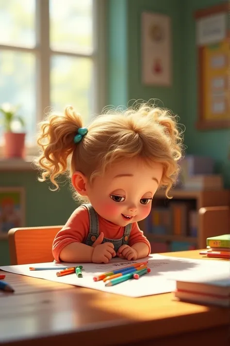  child with curly light hair, playing with pencils at school, Disney Pixar Style 