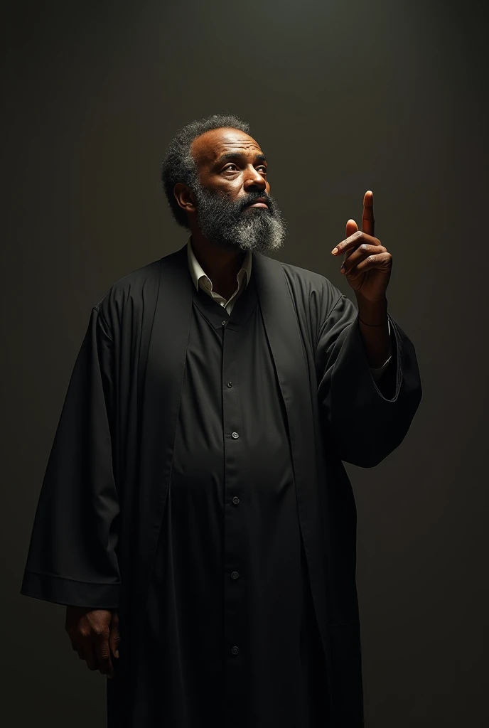 A bearded black philosopher pointing his index finger to the sky