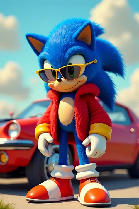 Red Sonic with yellow shoes and gold glasses is with a car from the 90s