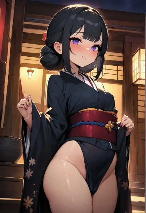 NSFW,masterpiece,Best Quality,High resolution,Very detailed,(One little girl),(Young face),(Small body),(low length),Soft look,Black Hair,(High-quality Japanese clothing),(kimono),Nightlife,Japanese-style mansion,Brothel