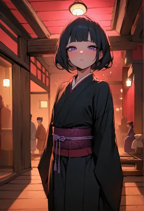 NSFW,masterpiece,Best Quality,High resolution,Very detailed,(One little girl),(Young face),(Small body),(low length),Soft look,Black Hair,(High-quality Japanese clothing),(kimono),Nightlife,Japanese-style mansion,Brothel