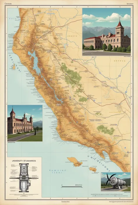 Map of Peru showing Arequipa, with images of the University of San Marcos and a drawing of its jet engine. 
