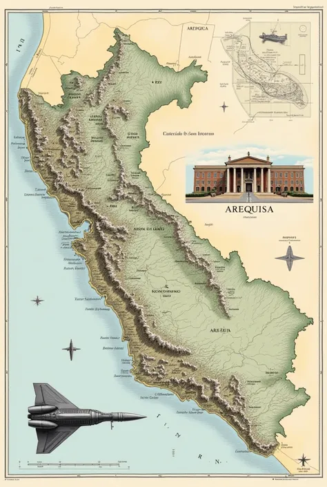 Map of Peru showing Arequipa, with images of the University of San Marcos and a drawing of its jet engine. 
