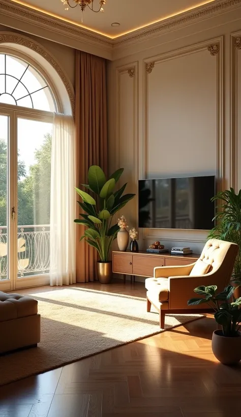 Luxury room with a television on wall at daylight.