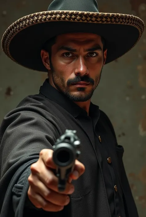 Portrait de  jeune mexicain relevant son chapeau avec son révolver et moustache regard sombre et un pancho, 