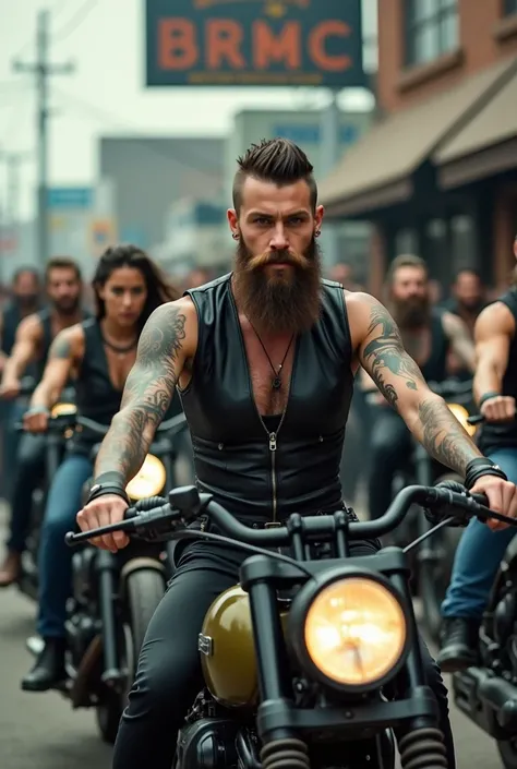 Video of a procession of women on bobber motorcycles with female riders dressed in sleeveless black leather vests, short hair well combed, Barba larga, tattooed, "finance" At a motorcycle headquarters that has the BRMC sign