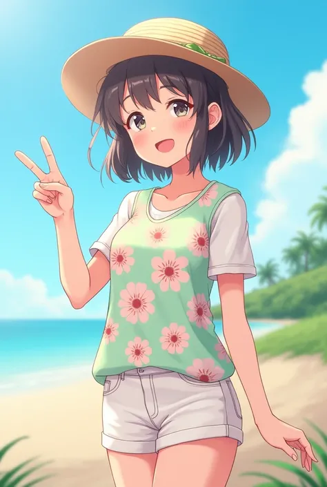 Imagine an anime girl with a light and cheerful look, smiling and making a peace sign with your hand. She is dressed in summer clothes, like a floral dress or a shorts and t-shirt set, in pastel colors that convey a feeling of tranquility and freshness. Th...