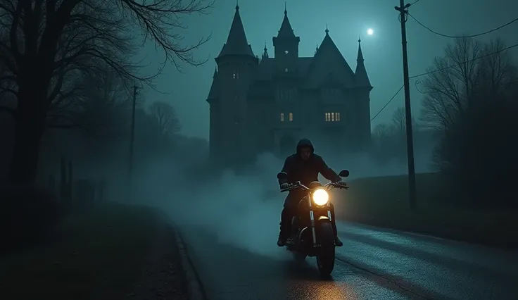 **man is sit quickly his heavy bike**horror darkness night mansion side**