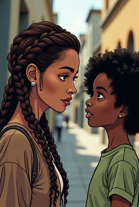 The woman (adult) with two brown braids and gray eyes meets a girl (small) dark skin curly hair, both of them are observed. Comic type image