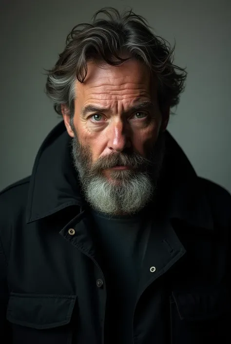 White American man with a full beard and messy hair, wearing a black coat.
