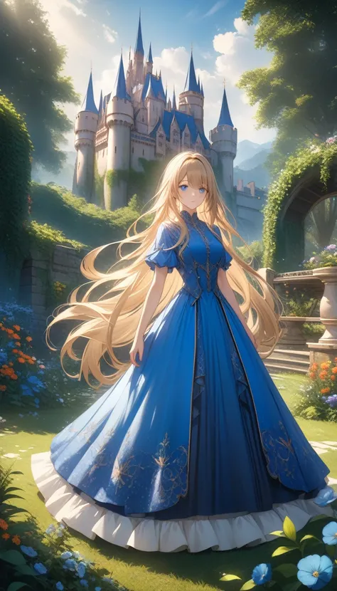 (Castle Background), garden, whole body, (Expressionless), Blonde, Blue Eyes, Long Hair, dress, Blue Dress, ((32K)), ((best quality)), ((ultra high res)), ((HDR)), ((UHD)), ((extremely detailed CG)), ((unity 32K wallpaper)), 