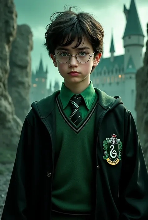 Create image of Harry Potter in Slytherin House (search hogwarts uniform) actor-like, Early adolescence, something that reflects a basilisk