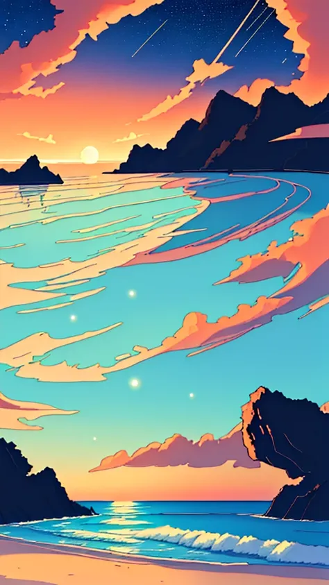 "Anime nature wallpaper of a serene beach at twilight with gentle waves and a sky transitioning from orange to deep blue. Silhouette of distant islands, warm colors, and stars twinkling in the sky, creating a peaceful and reflective atmosphere."