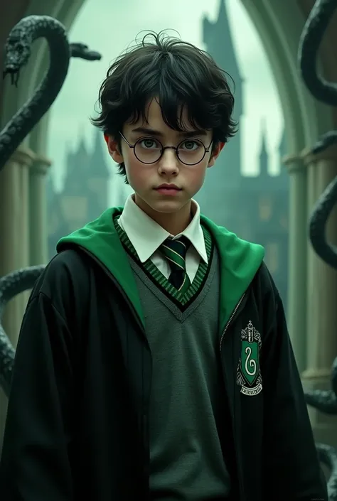 Create image of Harry Potter in Slytherin House (search hogwarts uniform) actor-like, Early adolescence, something that reflects a basilisk