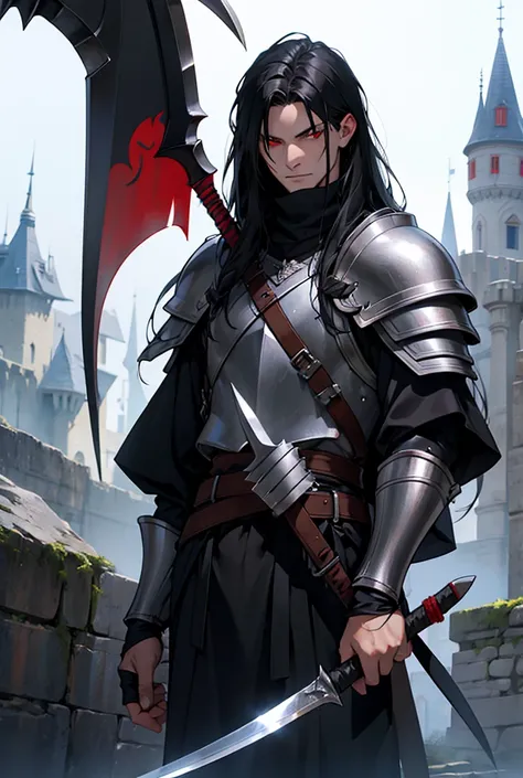 knife a man with long black hair and red eyes wearing armor and holding a scythe in a castle