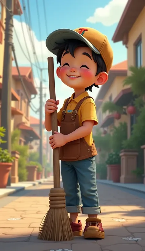 The young Calos, wearing a cap while sweeping with his broom in the streets of a neighborhood, smiled with his eyes closed.. 