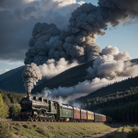  "A vintage steam train, with classic and rustic details, advancing slowly along an old railway. The locomotive is highlighted, emitting thick, dark smoke, while traveling through a bucolic landscape. In the background, gentle mountains and aged vegetation...