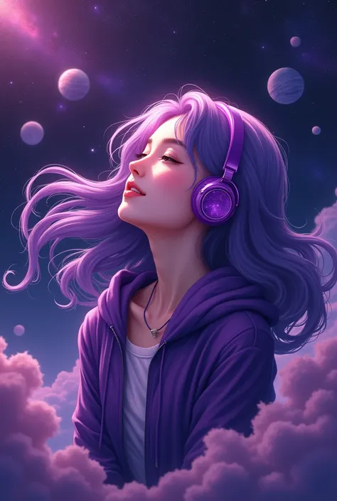 Woman in the middle of the deep Purple Universe, Woman happy, Woman Smiling, Woman listening to music, Woman with shiny Purple headphone, Woman wearing deep Purple style jacket, Woman with weavy Purple hair, Woman admiring the deep Purple Universe, deep Pu...