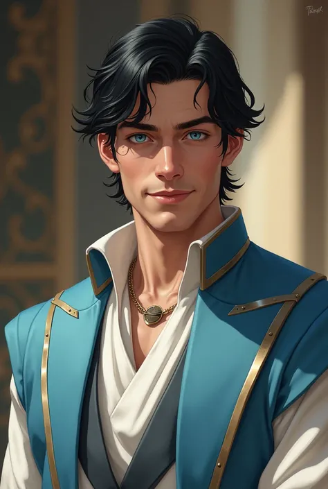 Create a handsome 2 man from House Arryn, black hair, no beard or mustache, blue eyes, marked chin, wearing white and light blue clothes, smiling.