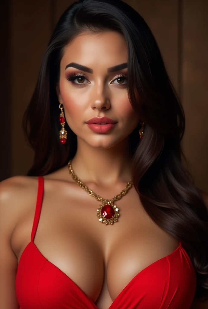 A full-bodied adult Lebanese woman, hair 100% straight dark brown, thick black eyebrow, very light brown eyes, Red Tank Top, wearing a red jewel necklace between her breasts.